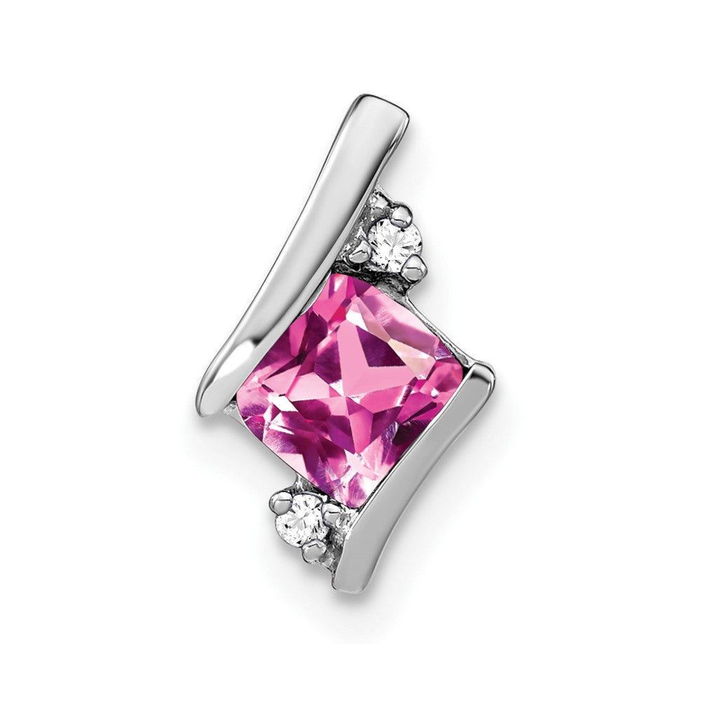 14K White Gold Cushion Cr. Pink Sapphire and Diamond Chain Slide