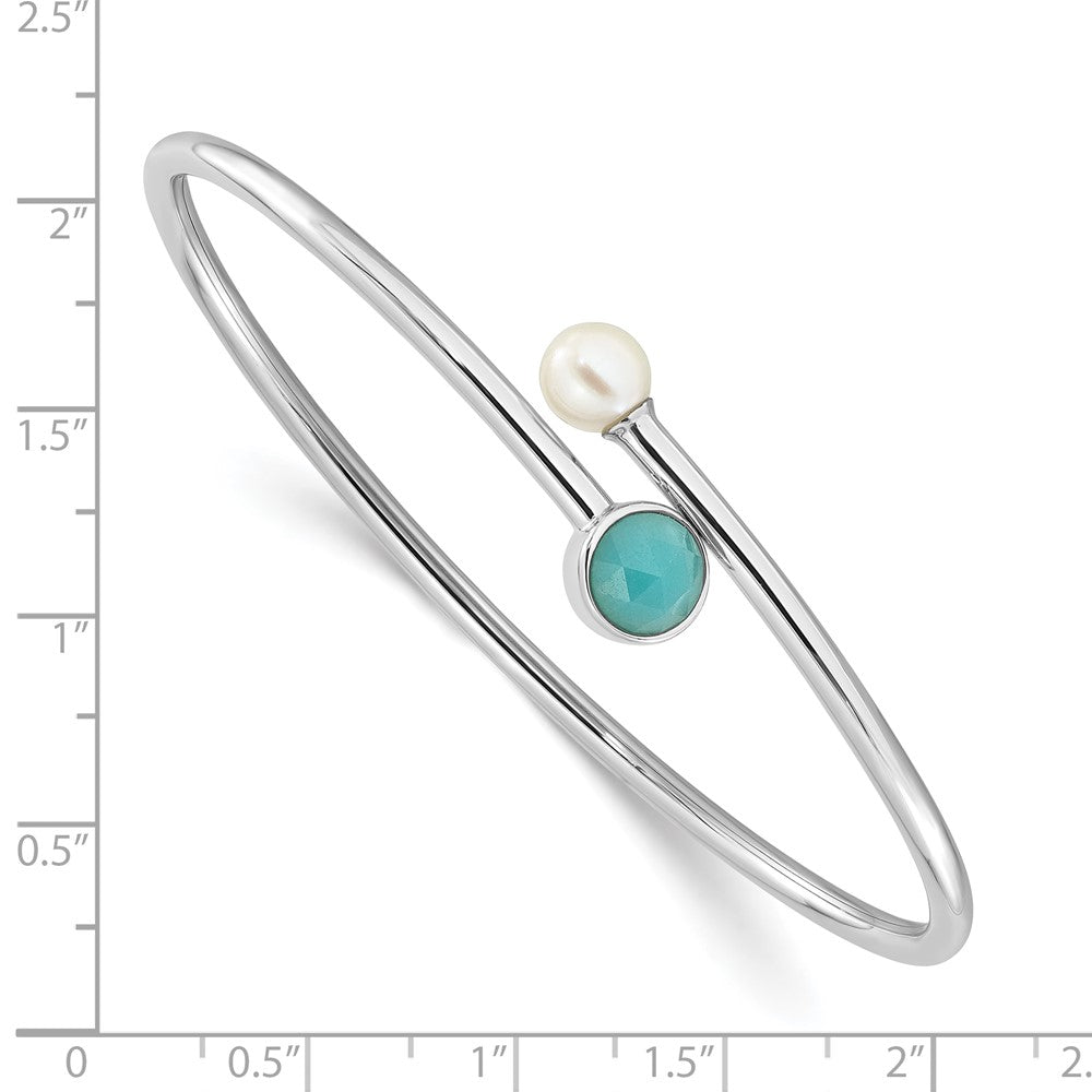 SS Rh-plated Amazonite and FWC Pearl Flexible Cuff Bangle Bracelet