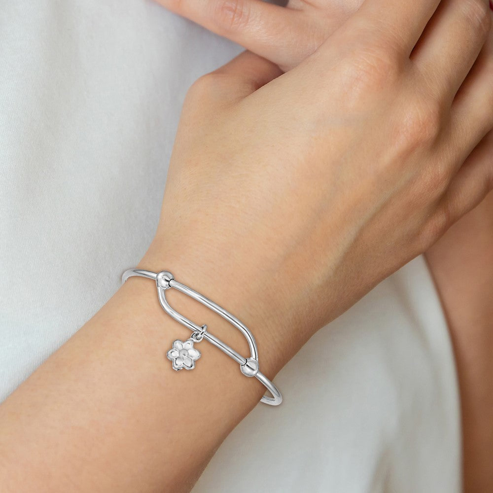 Sterling Silver Rhodium-plated Polished Flower Adjustable Bangle