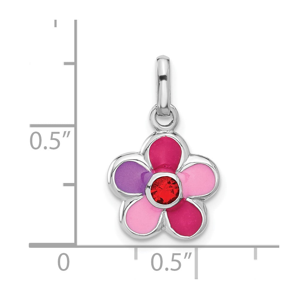 Sterling Silver Rhodium-plated Enameled Red Crystal Flower Charm Pendant