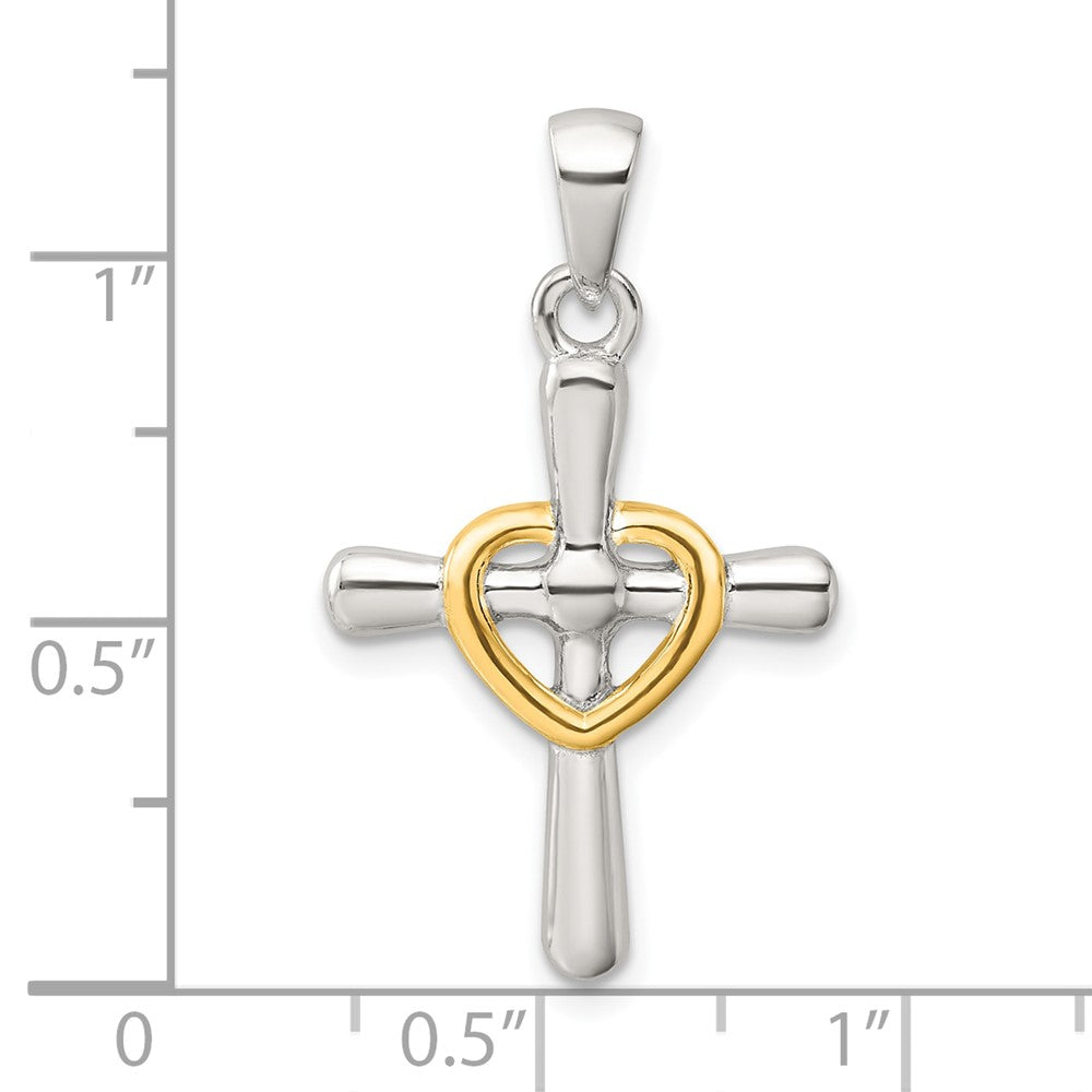 Sterling Silver Polished Gold-tone Cross with Open Heart Pendant