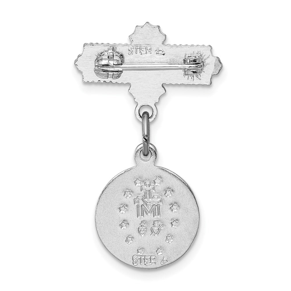 Sterling Silver Rhodium-plated Virgin Mary Medal Dangle Pin Brooch