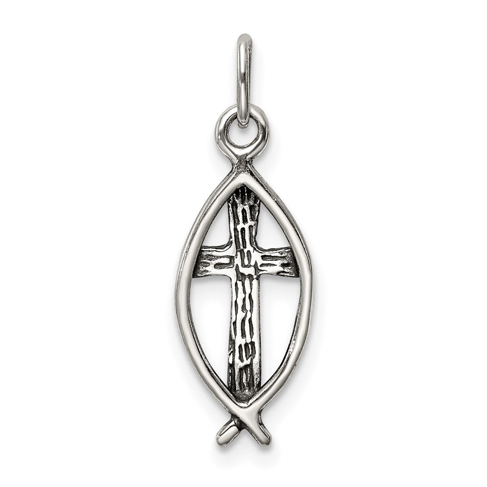 Sterling Silver Antiqued Ichthus Fish Cross Charm
