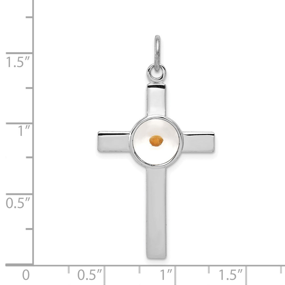 Sterling Silver Rhodium-plated Polshd & Epxy Cross w/Mustard Seed Pendant