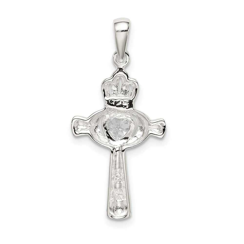 Sterling Silver CZ Heart Claddagh Cross Pendant