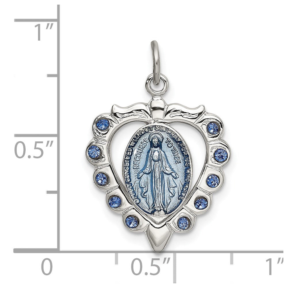 Sterling Silver Epoxy & Crystal Virgin Mary Medal Heart Pendant