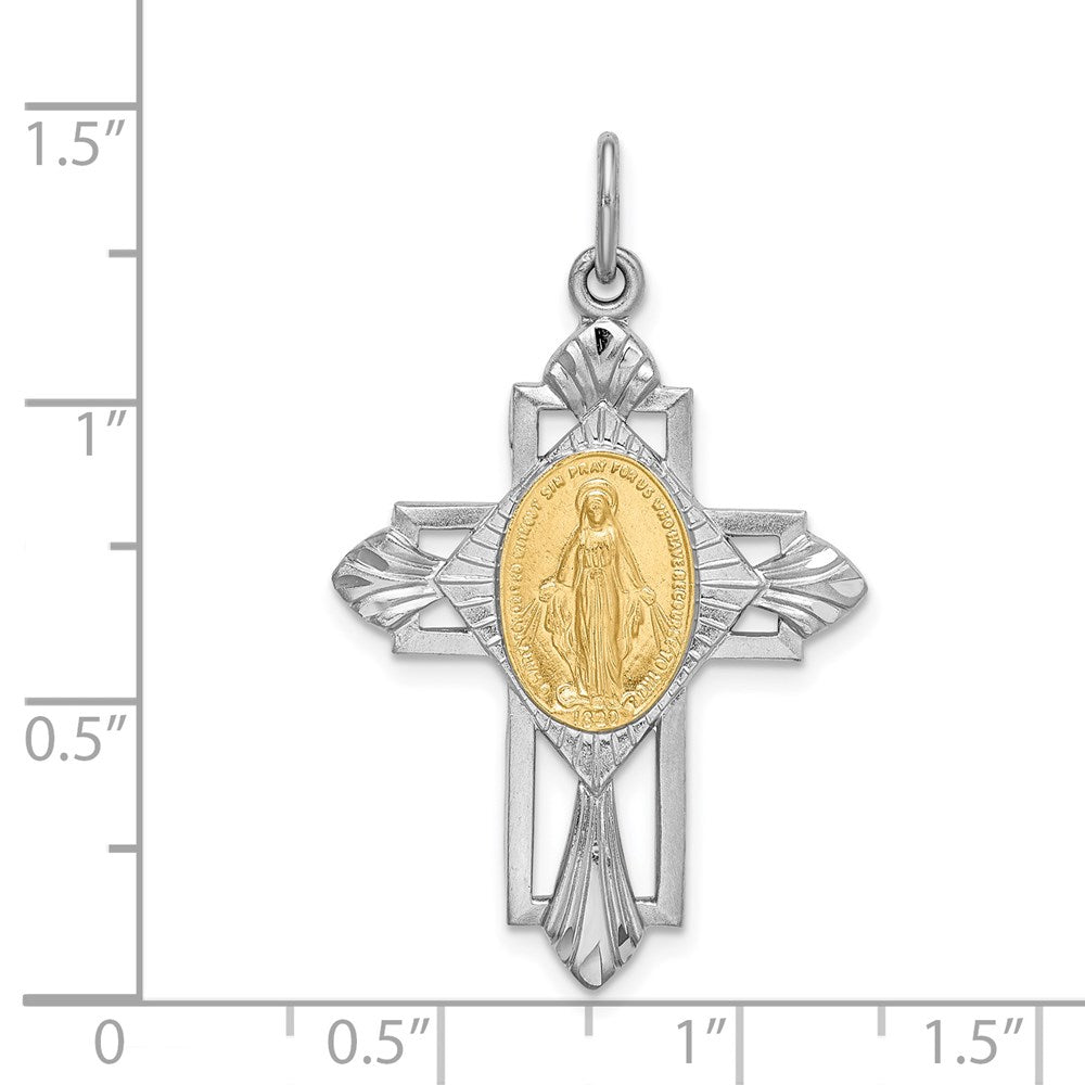 Sterling Silver Rhodium-plated Gold Tone Virgin Mary Medal Cross Pendant