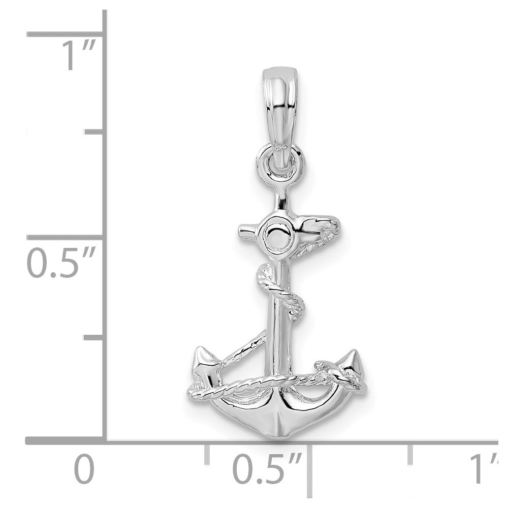 De-Ani Sterling Silver Rhodium-Plated Polished 3D Anchor with Rope Pendant