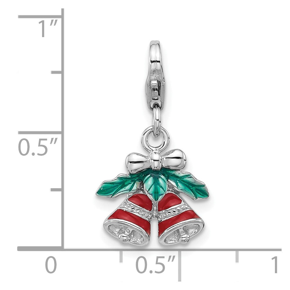 Amore La Vita Sterling Silver Rhodium-plated Red Enameled Christmas Bells with Green Enameled Leaves on Top Charm with Fancy Lobster Clasp