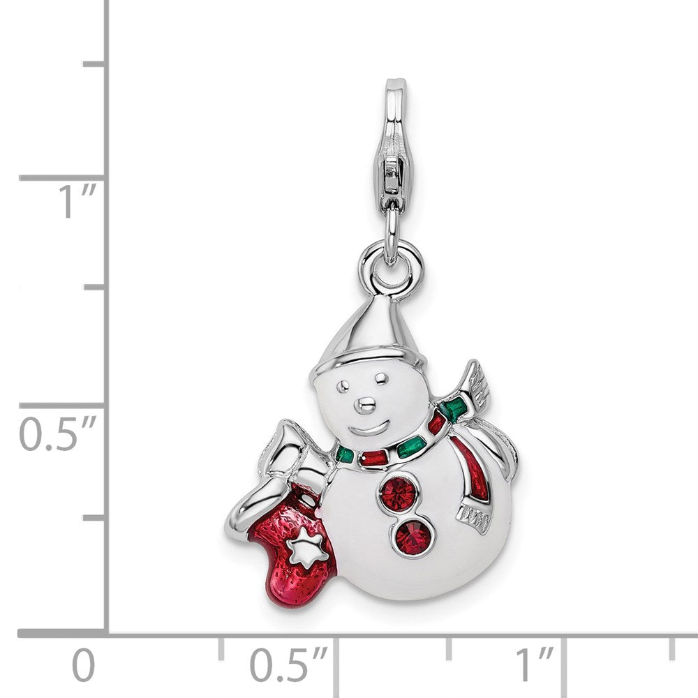 Amore La Vita Sterling Silver Rhodium-plated Polished 3-D Enameled with Crystal Snowman Charm with Fancy Lobster Clasp