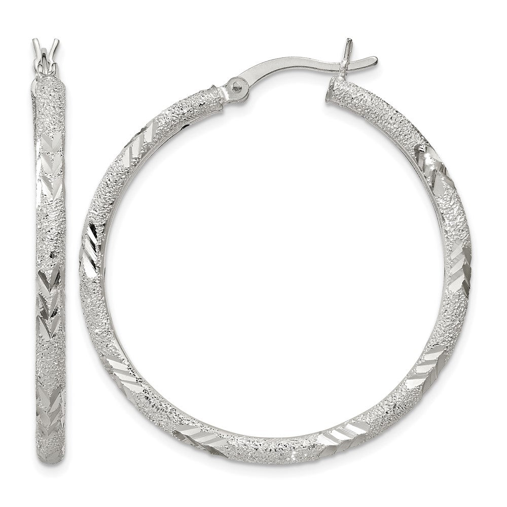 Sterling Silver 2.5mm Diamond-cut Laser-cut Hinged Hoop Earrings