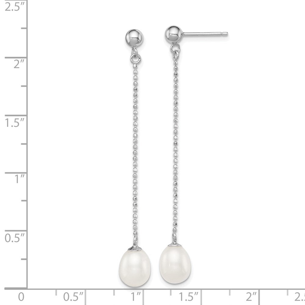 Sterling Silver Rhodium-plated 7-8mm White Rice Freshwater Cultured Pearl Post Dangle Earrings