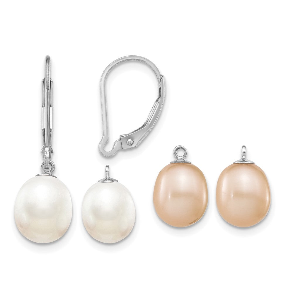 Sterling Silver Rhodium-plated 7-8mm Pink and White Rice Freshwater Cultured Pearl Leverback 2-piece Enhancer Set