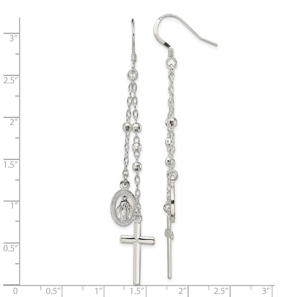 Sterling Silver Polished Virgin Mary Medal & Latin Cross Beaded Multi-Strand Dangle Earrings