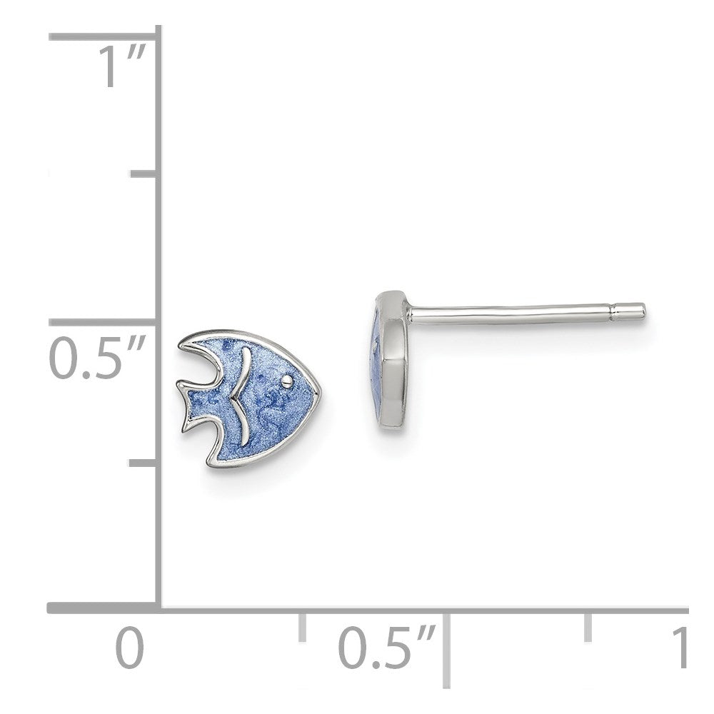 Sterling Silver Rhodium-plated Polished Blue Enameled Fish Post Earrings