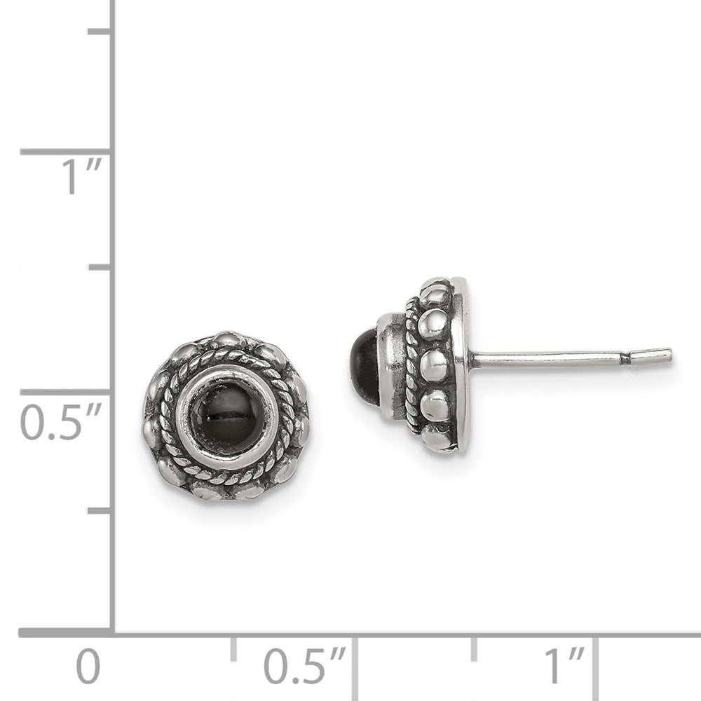Sterling Silver Polished & Antiqued Textured Onyx Round Post Earrings
