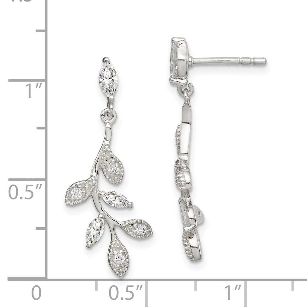 Sterling Silver Polished CZ Branch and Leaves Post Dangle Earrings