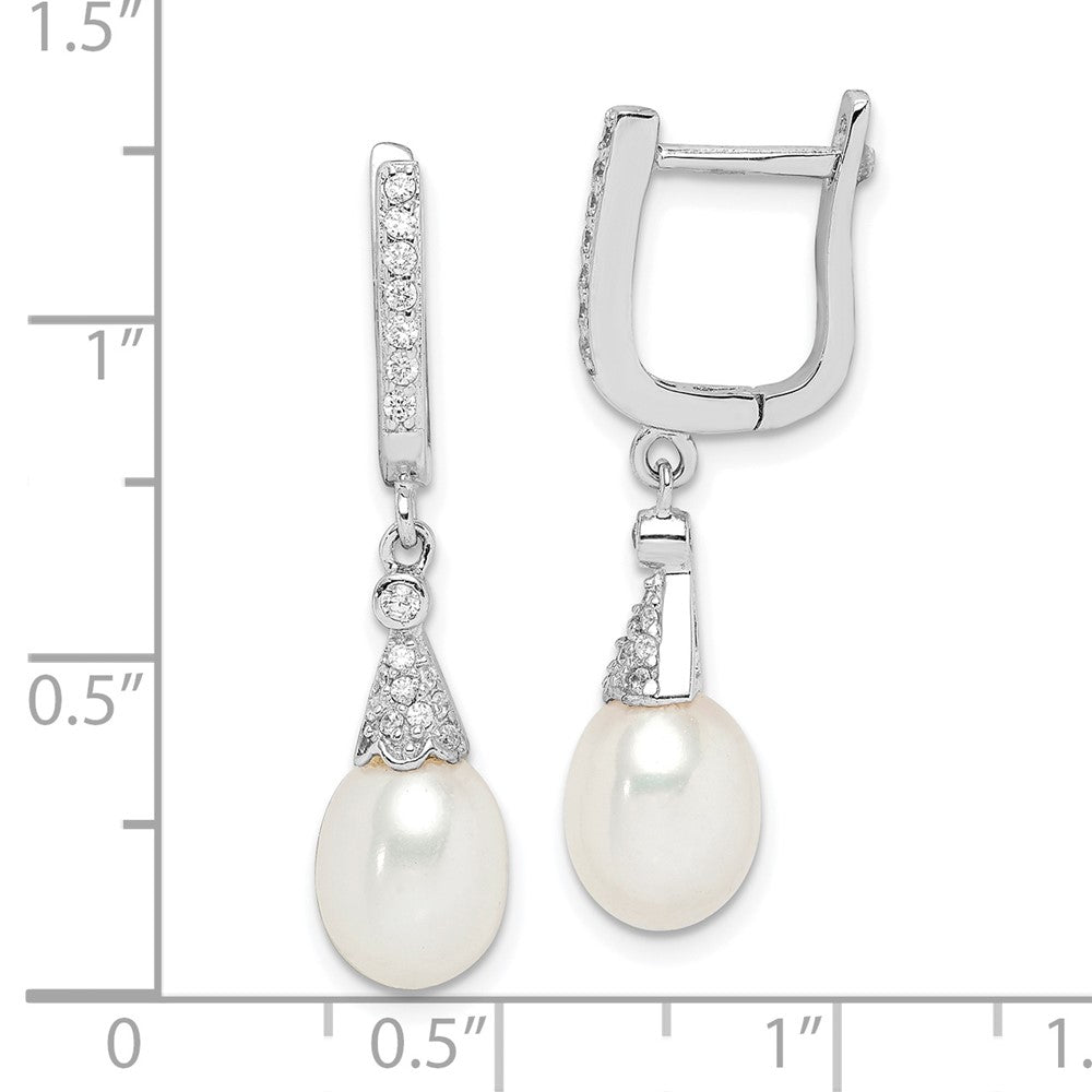 Sterling Silver Rhodium-plated 7-8mm White Rice Freshwater Cultured Pearl and CZ Dangle Leverback Earrings