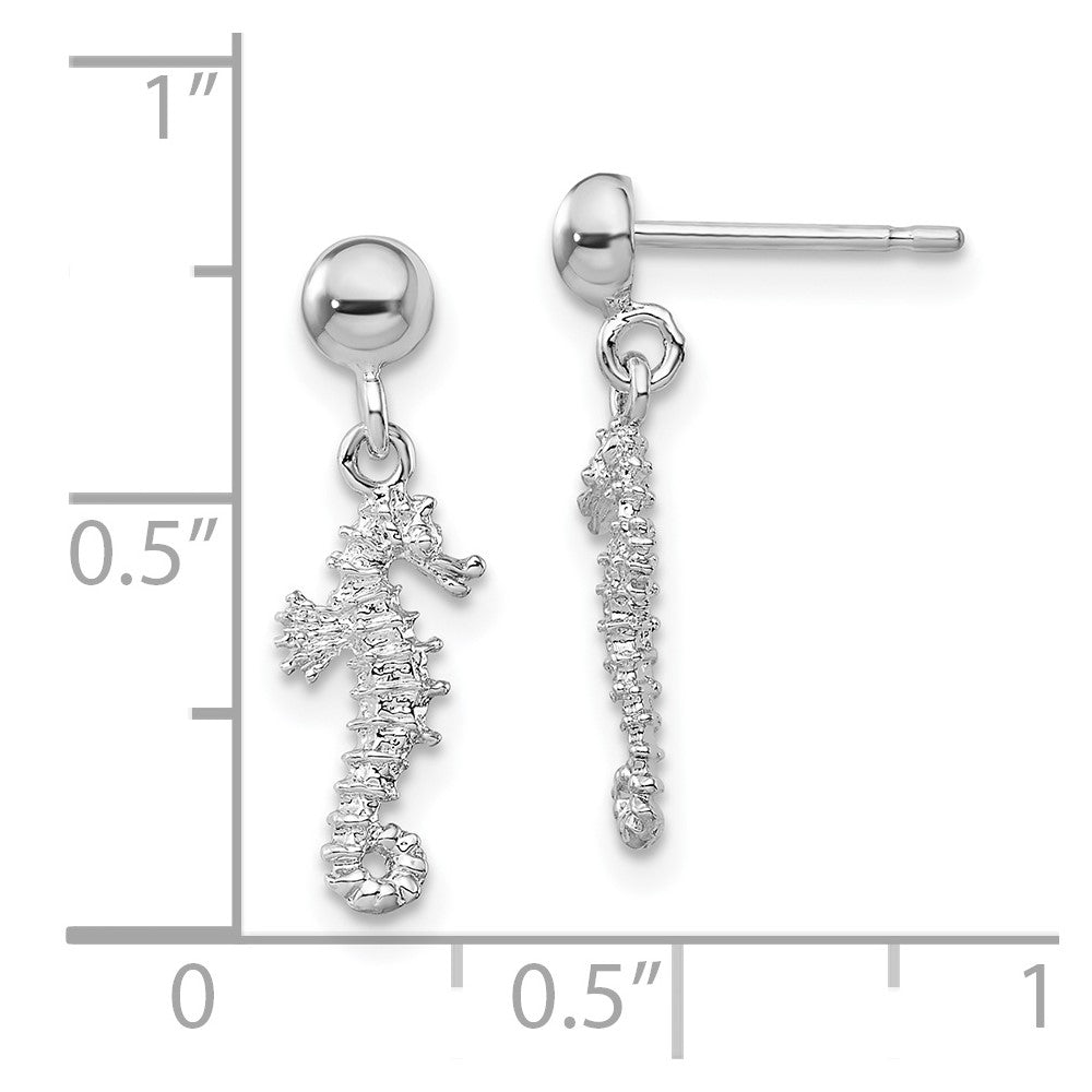De-Ani Sterling Silver Rhodium-Plated 3D Mini Seahorse Dangle Post Earrings