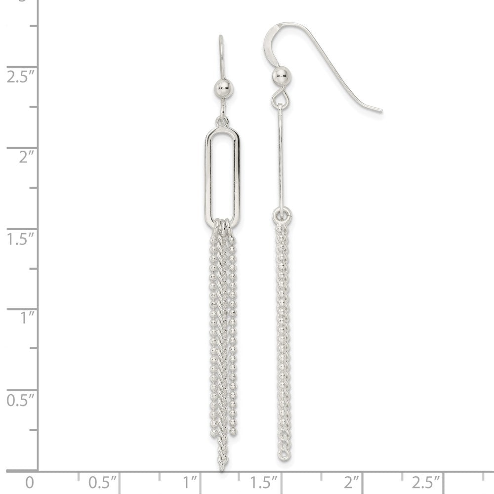 Sterling Silver Polished Oval and Multi-Strand Beaded Chain Dangle Earrings