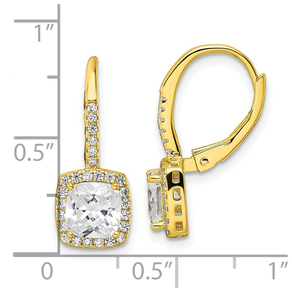 Sterling Silver Gold-tone Polished Princess Cut CZ Halo Leverback Earrings