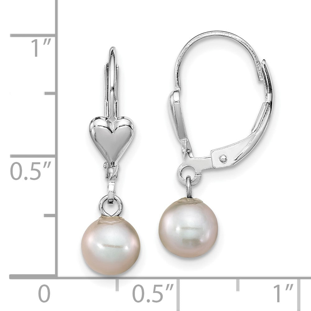 Sterling Silver Rhodium-plated 6-7mm Grey Round Freshwater Cultured Pearl Heart Leverback Dangle Earrings
