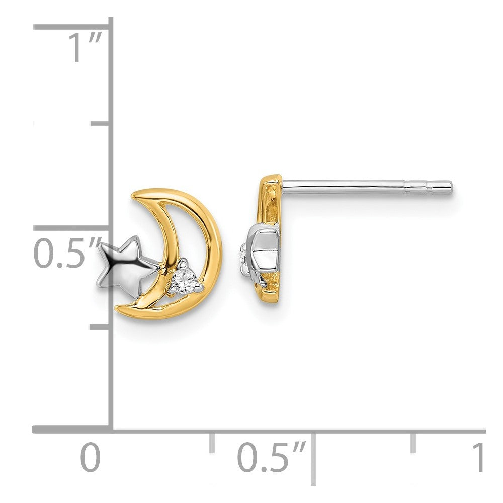 Sterling Silver RH-plated & Gold-plated Star and Moon CZ Post Earrings