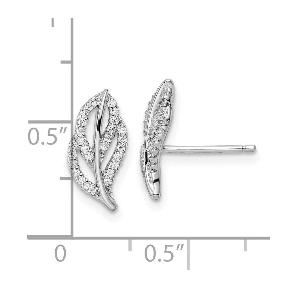Sterling Silver Rhodium-plated Polished CZ Leaf Post Earrings
