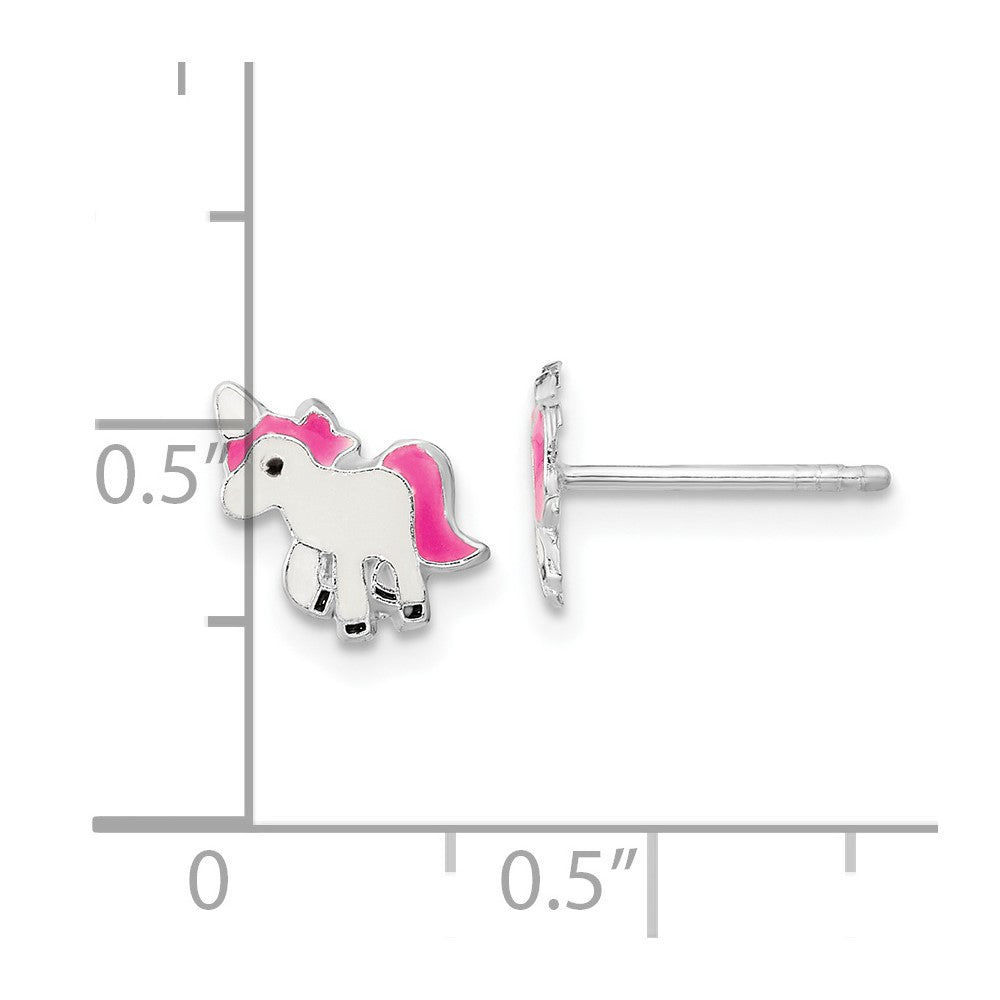 Sterling Silver Rhodium-plated Polished Multi-color Enameled Pink Unicorn Children's Post Earrings