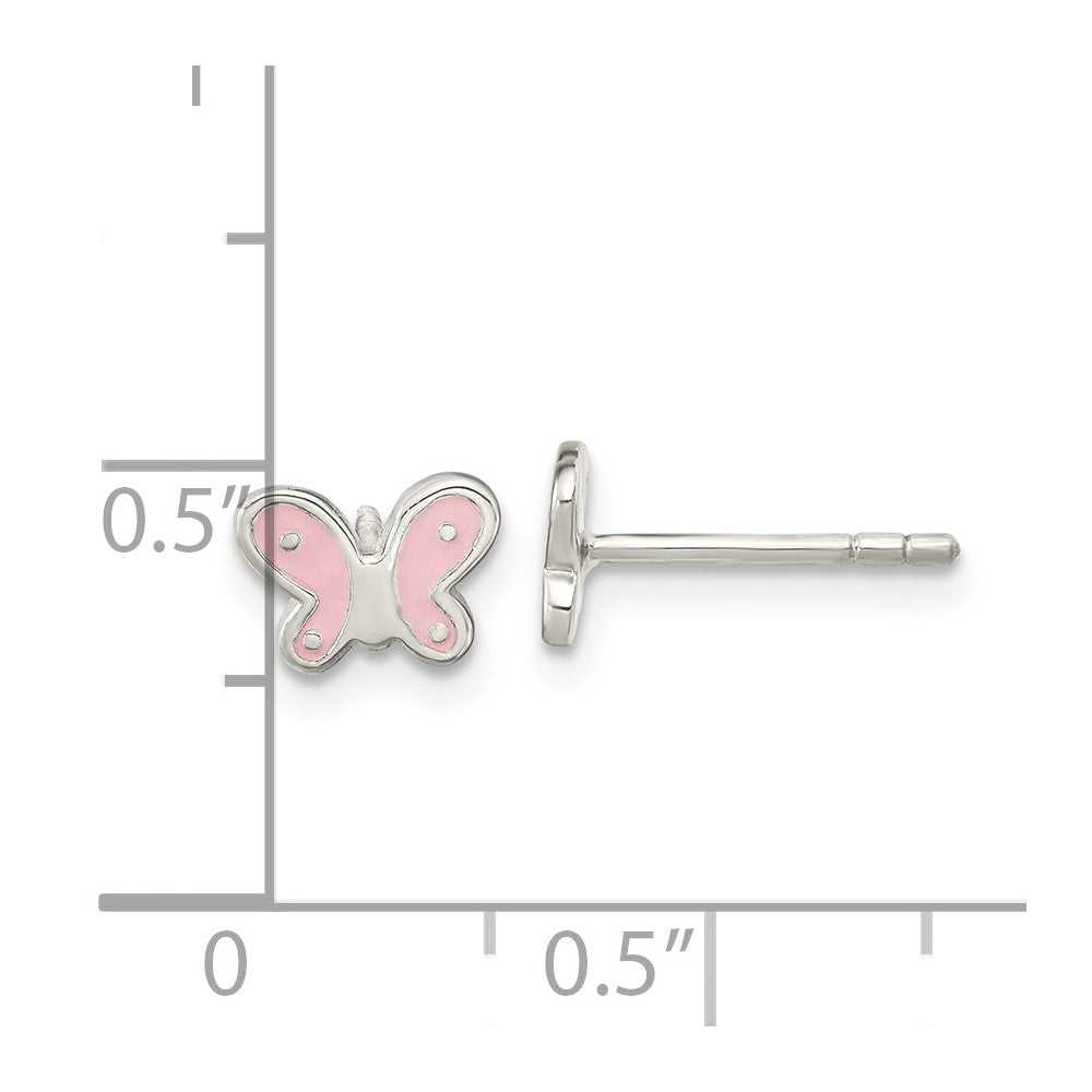 Sterling Silver RH-pltd Polish Pink Enamel Butterfly Post Earrings