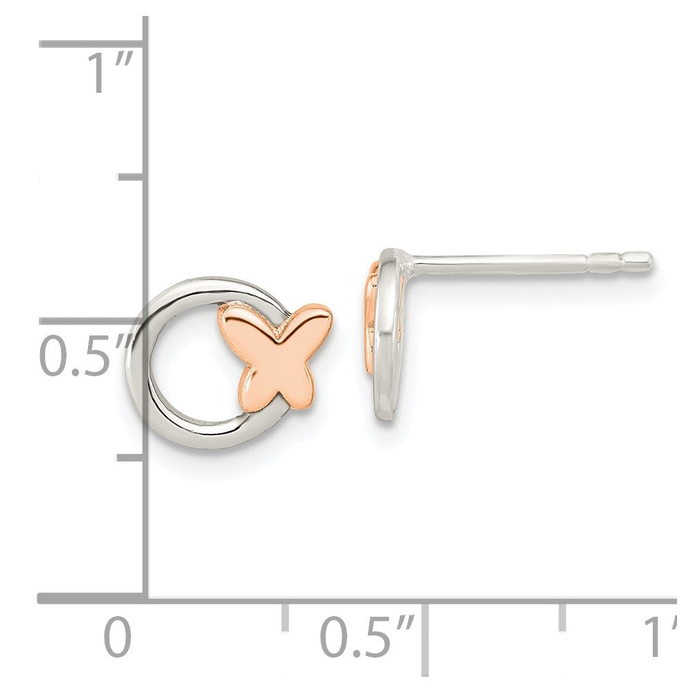 Sterling Silver & Rose Tone Polished Butterfly Circle Post Earrings