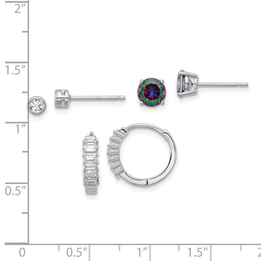 Sterling Silver RH-plated Mystique and White CZ Post/Hoop 3 Earring Set