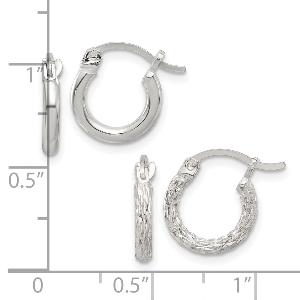 Sterling Silver Rhodium-plated Polished/Textured D/C 2 Pr. Hoop Earring Set