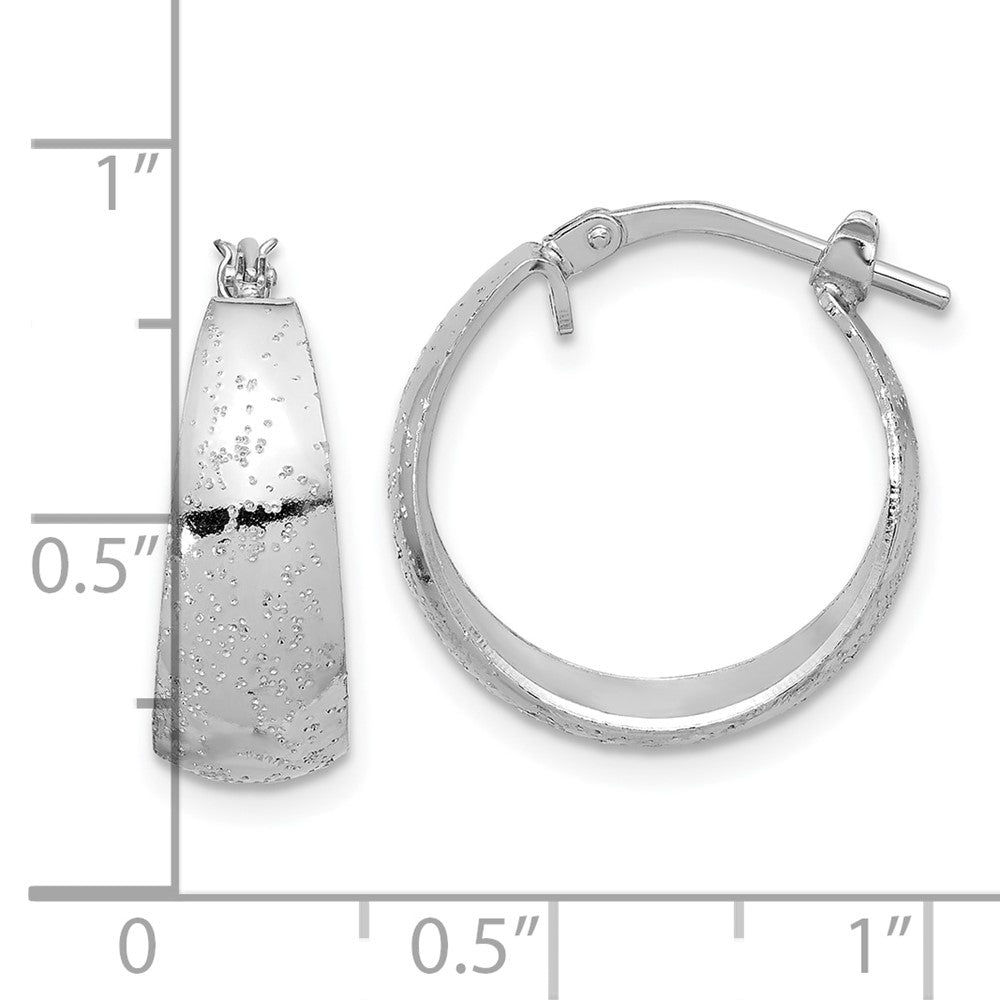 Sterling Silver RH-plated Sparkle Texture Tapered Round Hoop Earrings