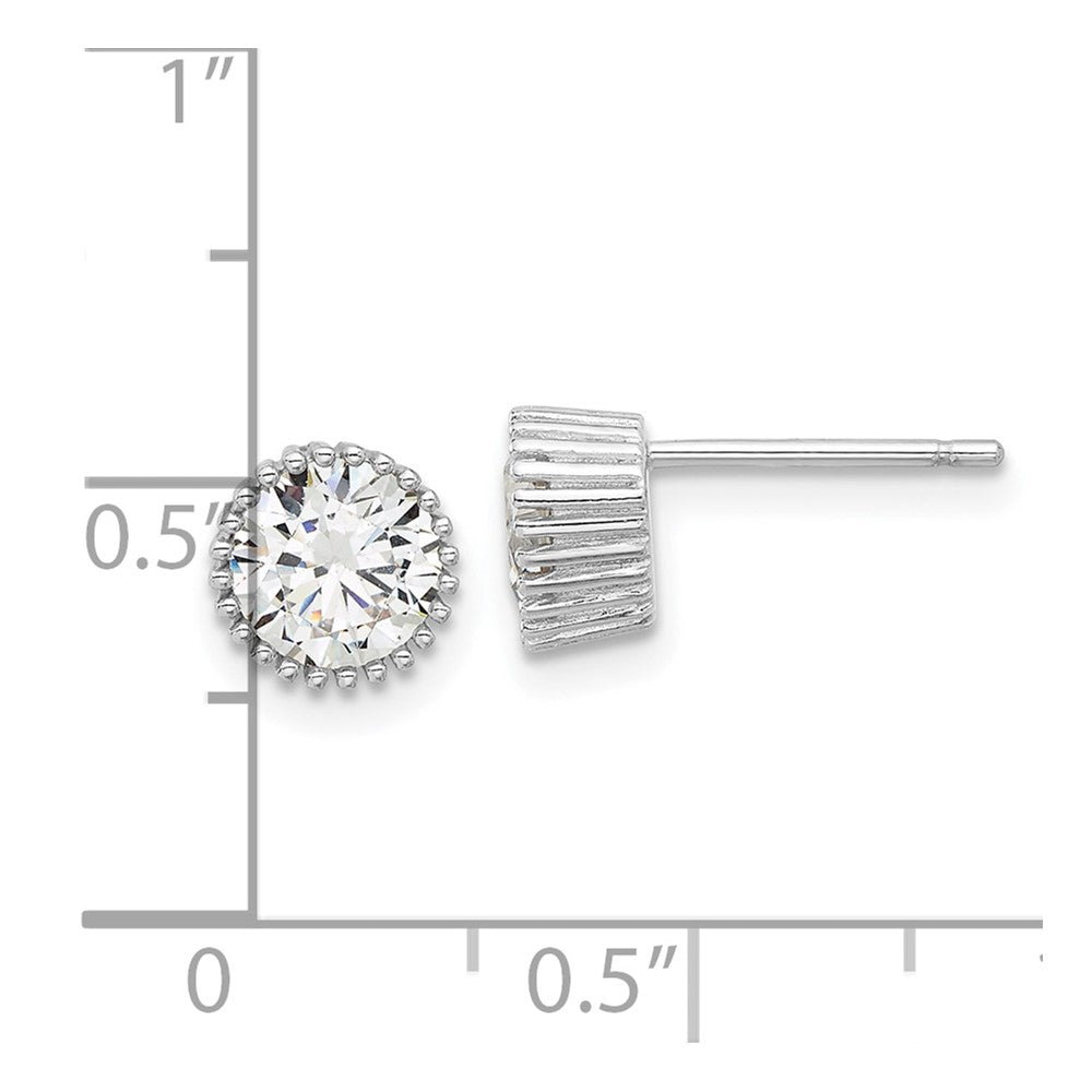 Sterling Silver Rhod-plated 6mm CZ Grooved Bezel Post Stud Earrings
