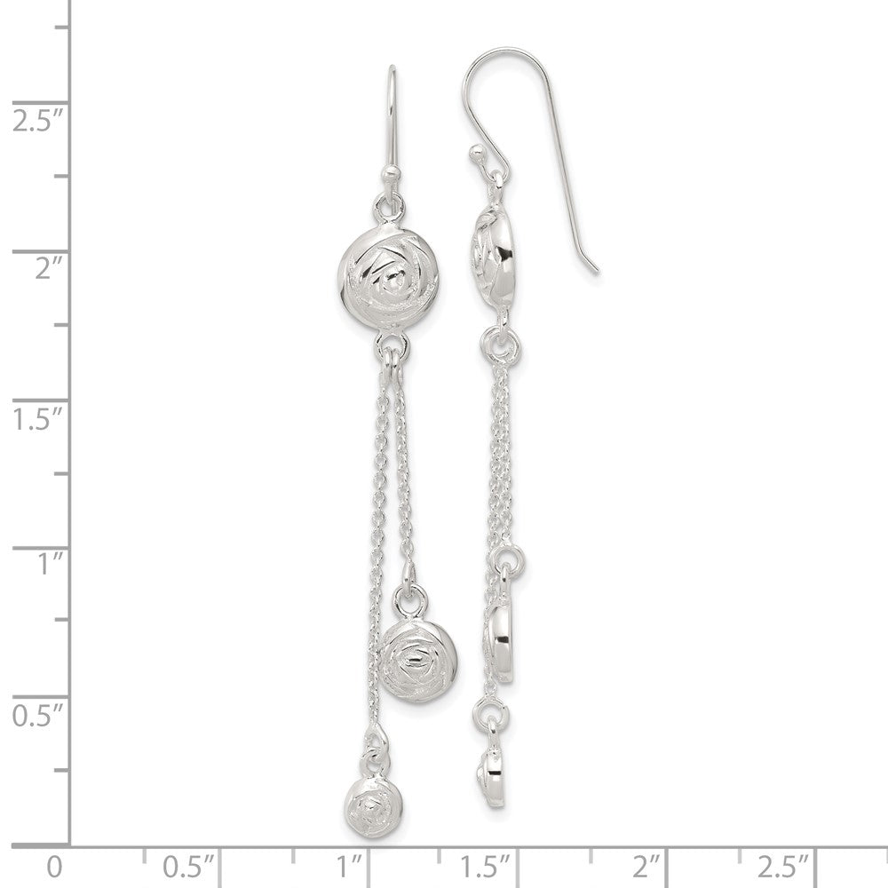 Sterling Silver Polished & Textured Multi-chain Rose Dangle Earrings