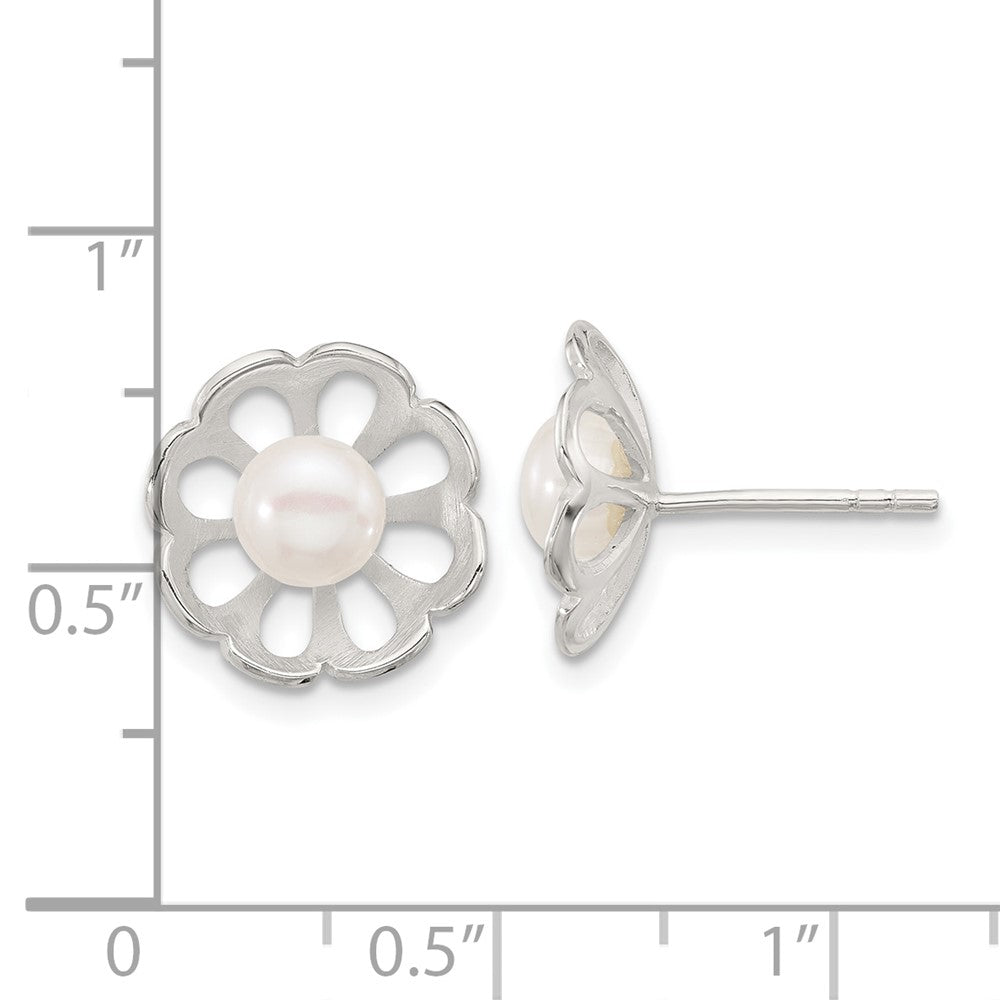 Sterling Silver Polished Flower Freshwater Cultured Pearl Post Earrings