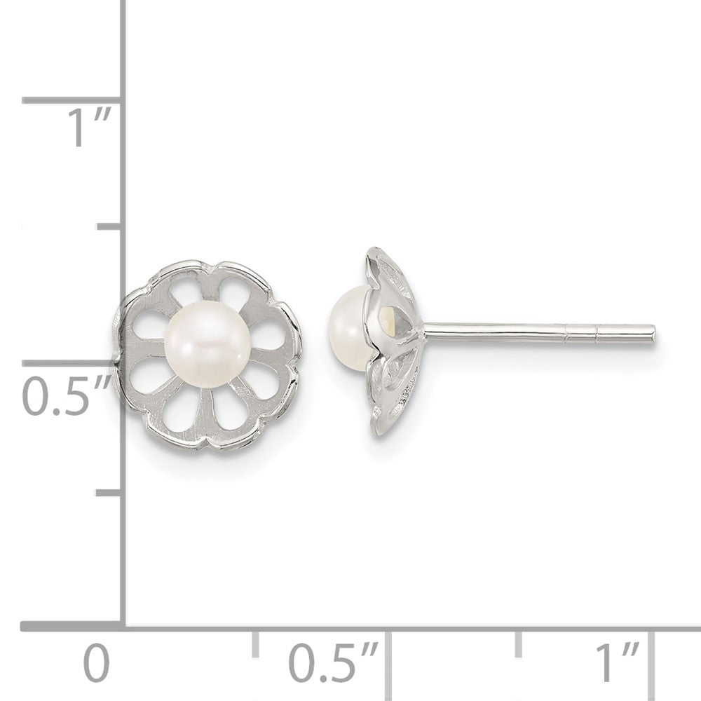 Sterling Silver Polished Flower Freshwater Cultured Pearl Post Earrings