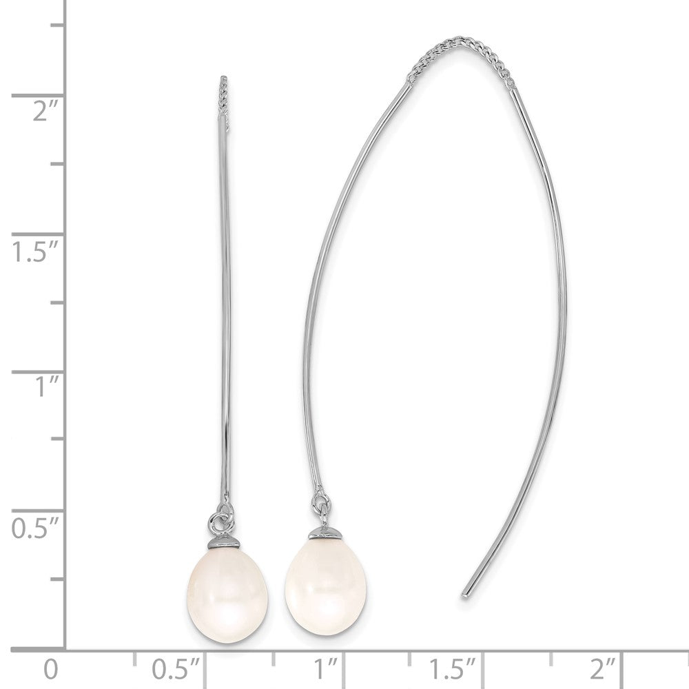 Sterling Silver Rhodium-plated 7-8mm White Teardrop Freshwater Cultured Pearl Threader Earrings