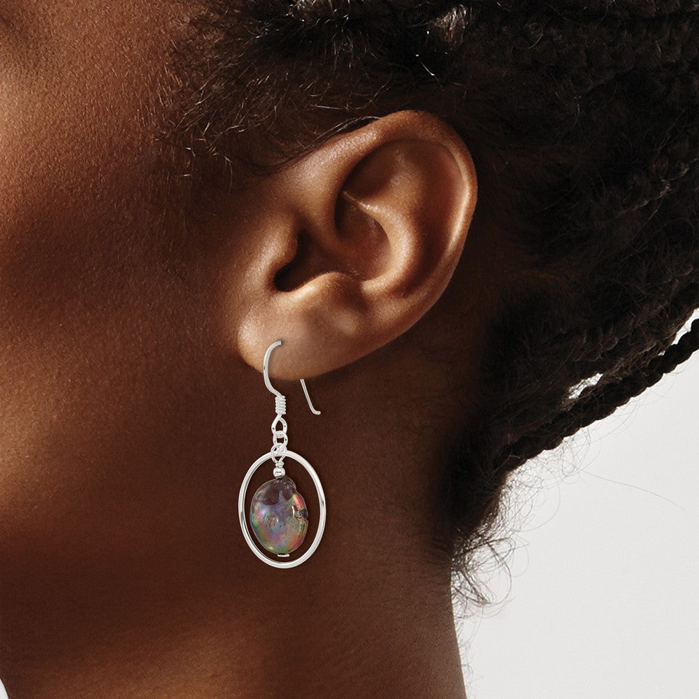 Sterling Silver Polished Grey FWC Coin Pearl Circle Dangle Earrings