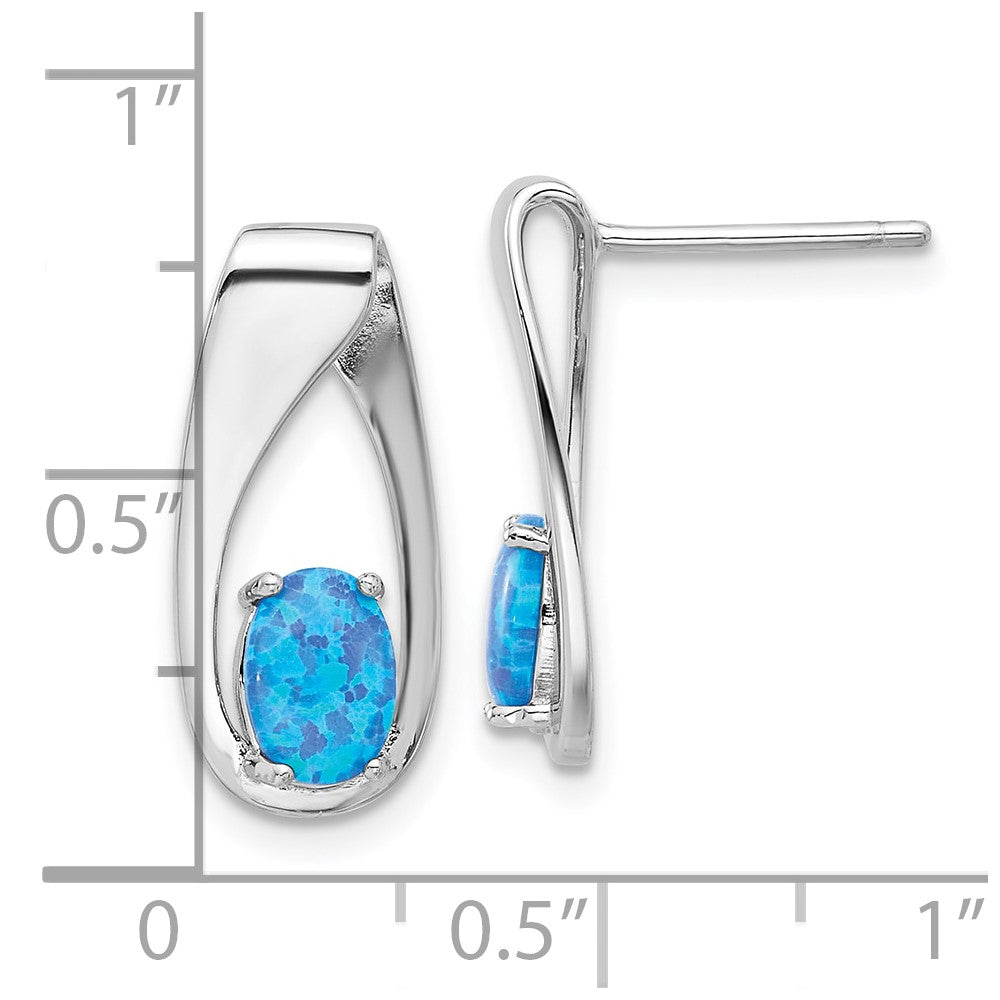 Sterling Silver Rhod-plated Polished Blue Created Opal Oval Post Earrings