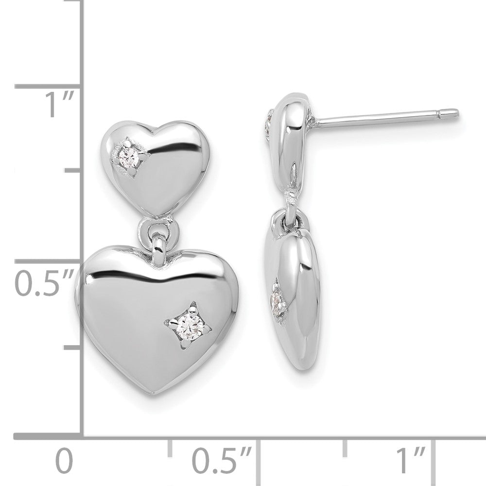 Sterling Silver Rhodium-plated Polished CZ Heart Dangle Post Earrings