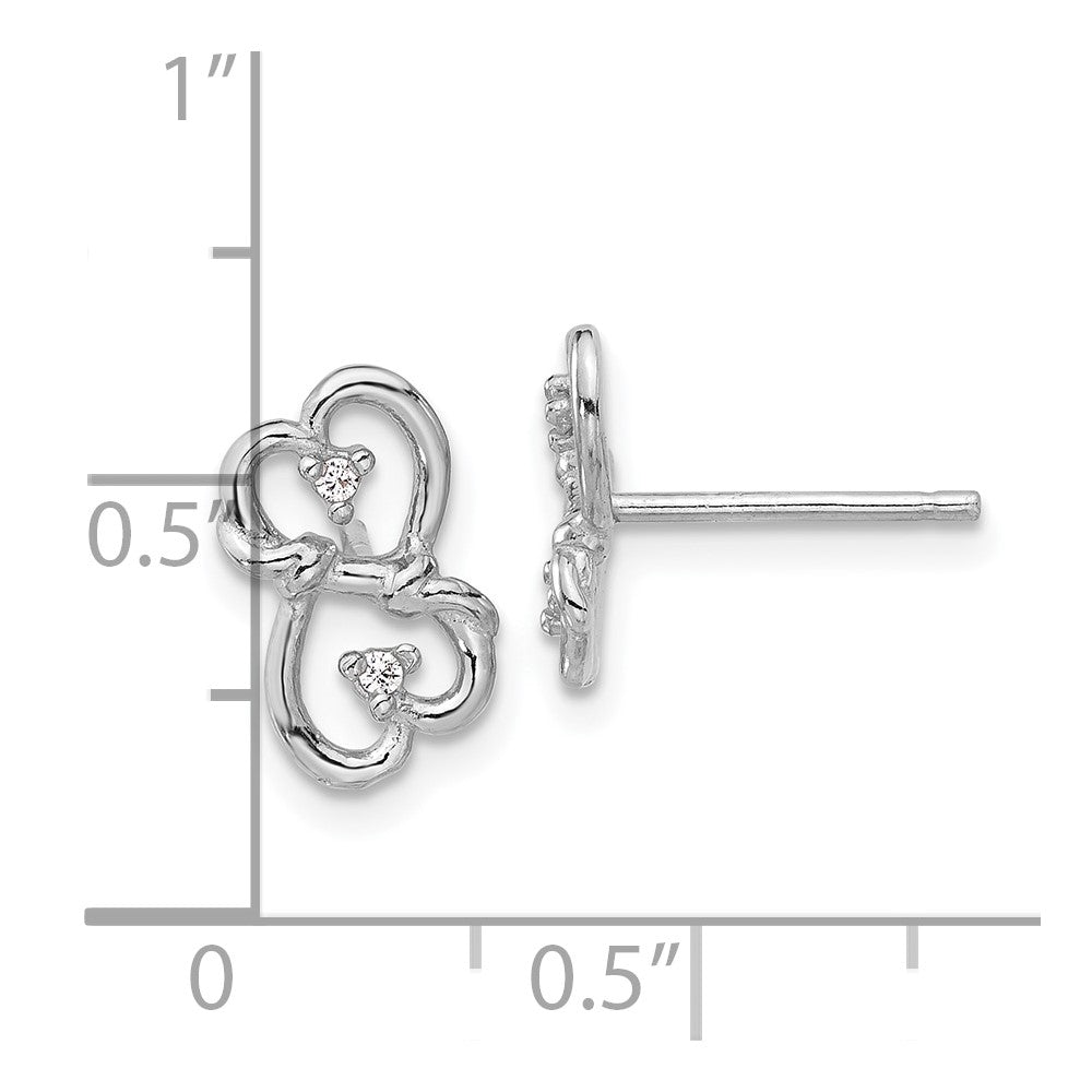 Sterling Silver Rhodium-plated Polished Double Heart with CZ Post Earrings