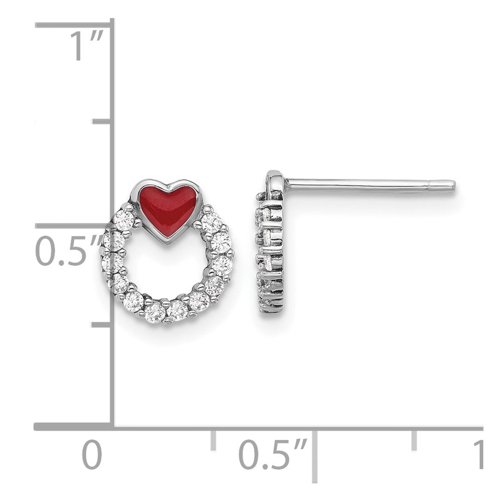 Sterling Silver Rhodium-plated Enamel CZ Heart Post Earrings