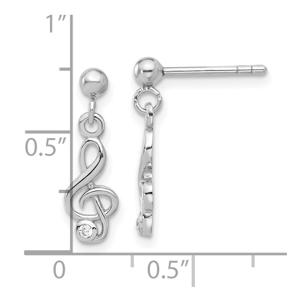 Sterling Silver Rhodium-plated CZ Treble Clef Post Dangle Drop Earrings