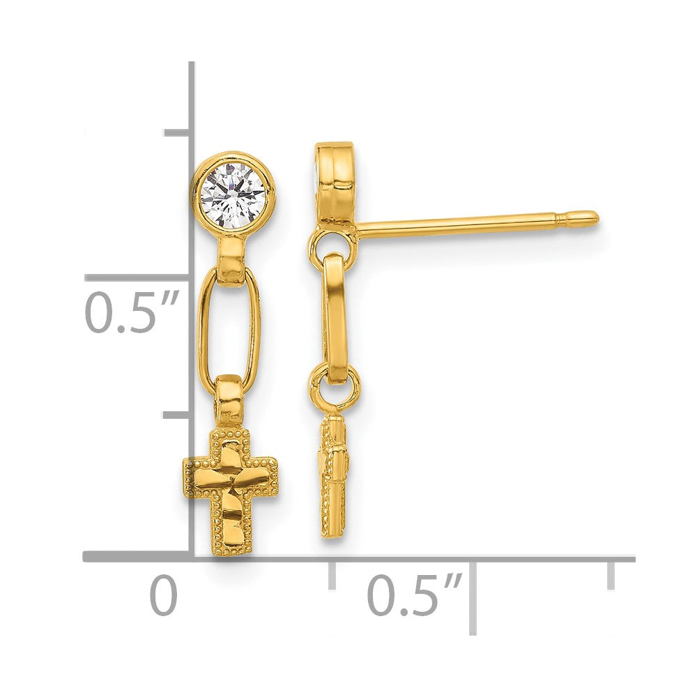 Sterling Silver Gold-tone Polished & Textured CZ Cross Post Dangle Earrings