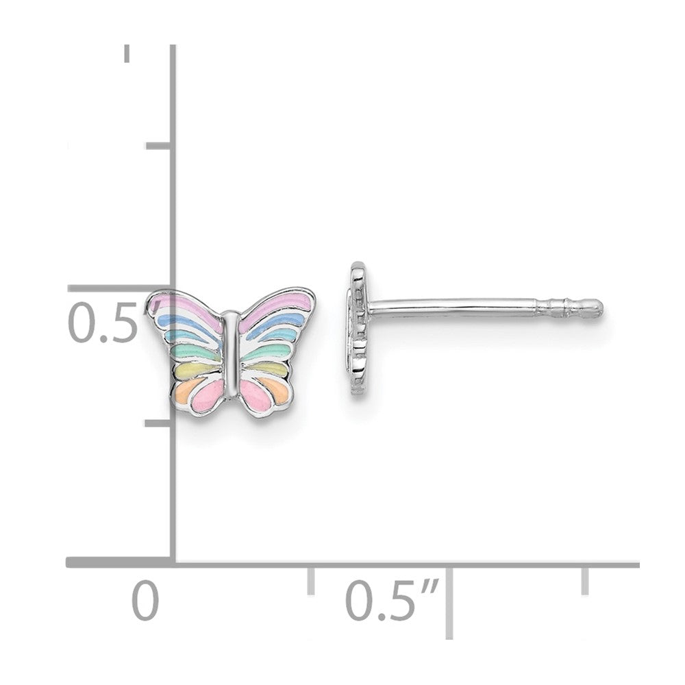 Sterling Silver RH-plated Rainbow Enamel Butterfly Children's Post Earrings