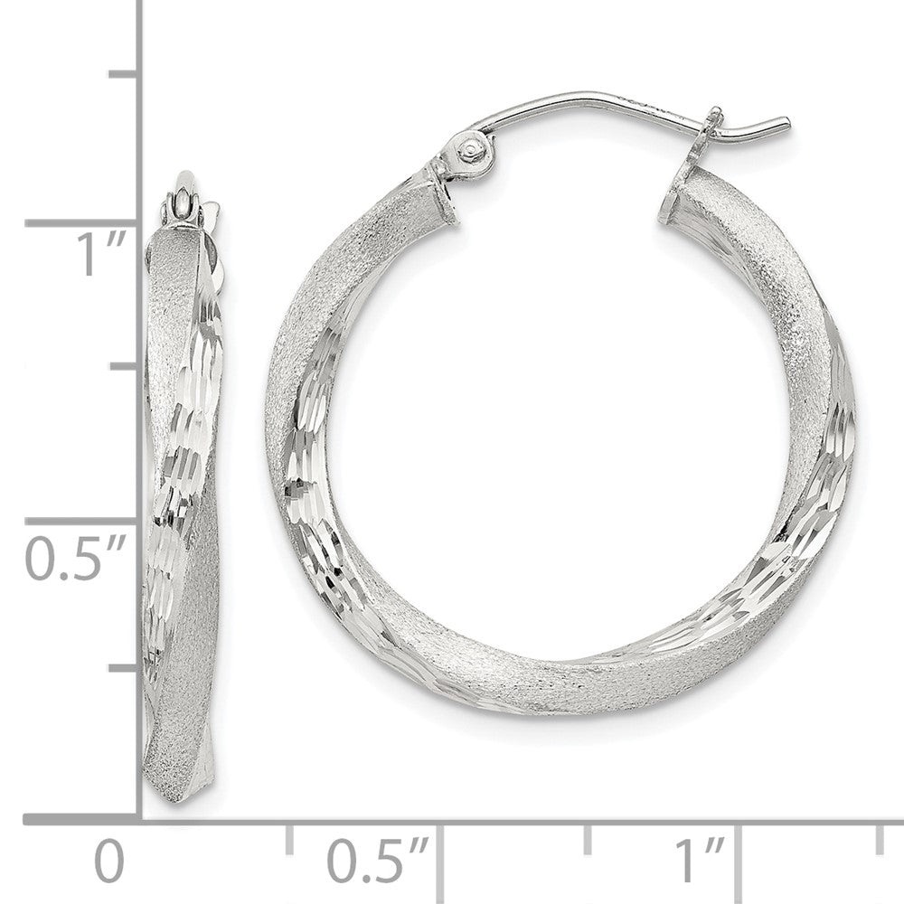 Sterling Silver Satin D/C Twisted 3x25mm Hoop Earrings