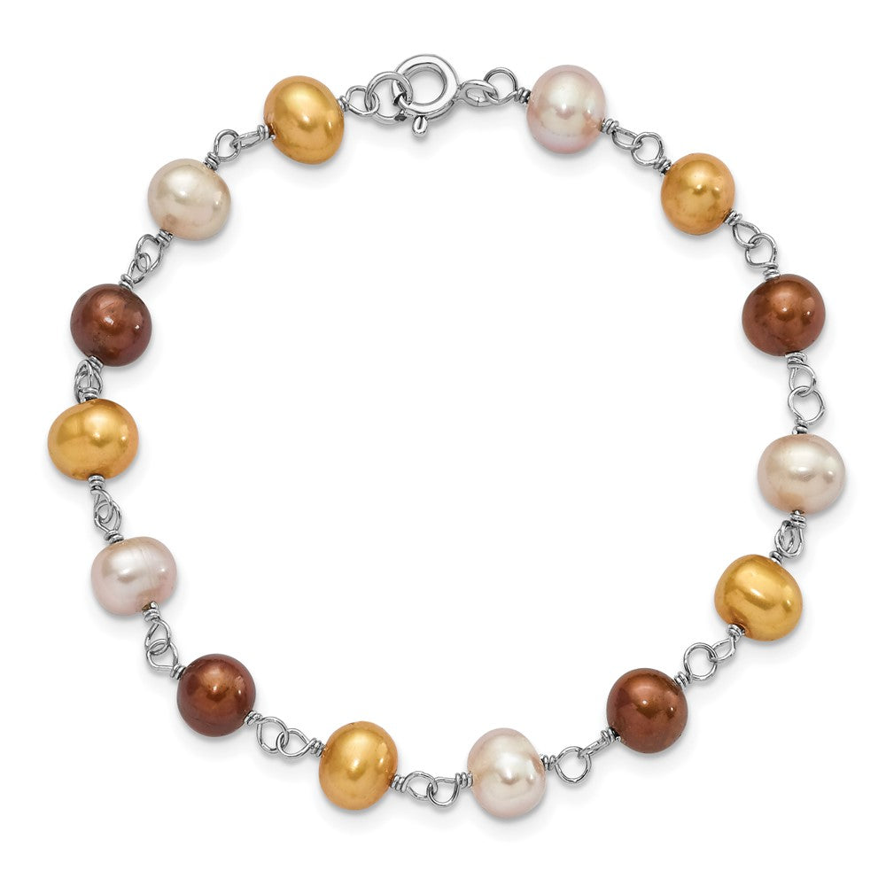Sterling Silver Rhodium-plated White, Yellow and Brown Semi-Round Freshwater Cultured Pearl 18 inch Necklace, 7.25 inch Bracelet and 3-piece Button Post Earrings Set