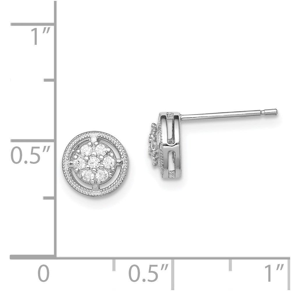 Sterling Silver Rhodium-plated Polished & Textured CZ Round Post Earrings